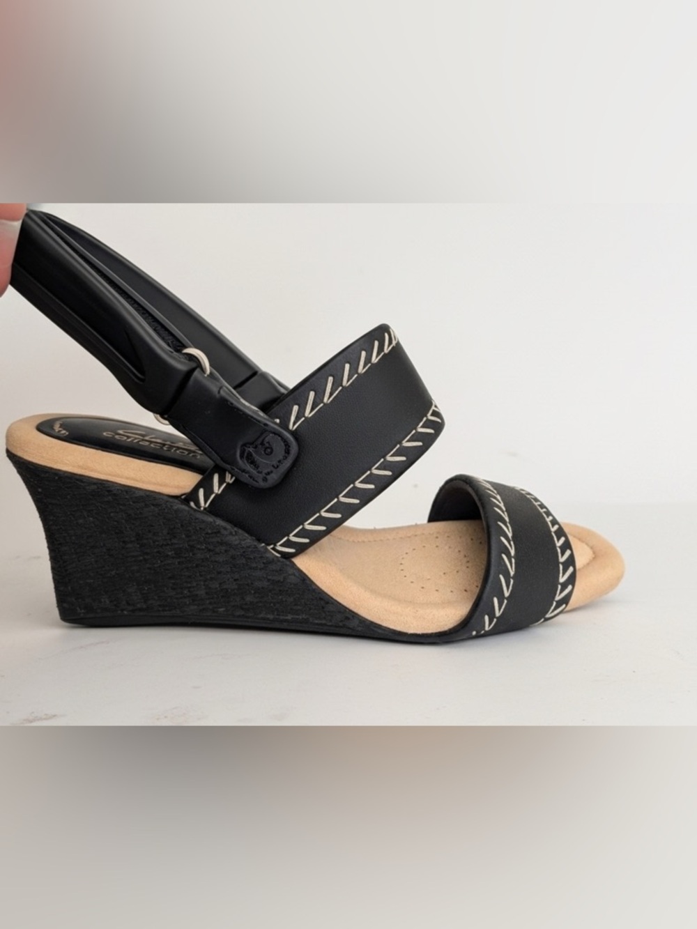 Clarks Black Wedge Sandals with Contrast Stitching